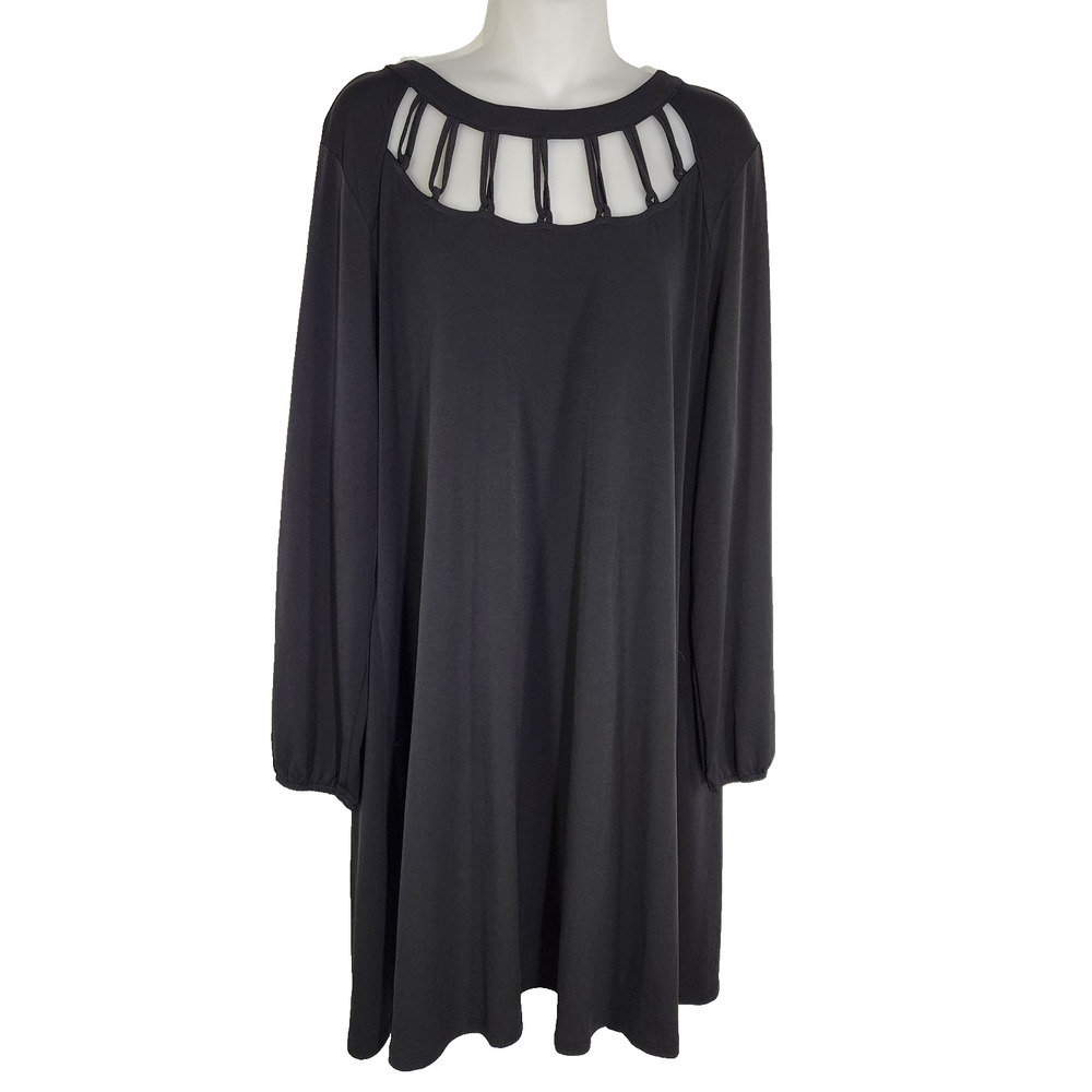 Maurices Womens Shift Dress Solid Lattice Neck Black XXL Mini Relaxed Stretch